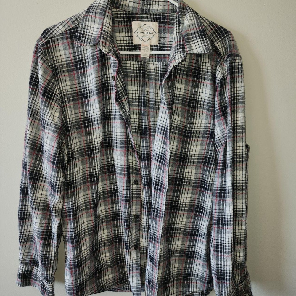 St. John's Bay Plaid Flannel Shirt Gray Black Red 100% Cotton Size large